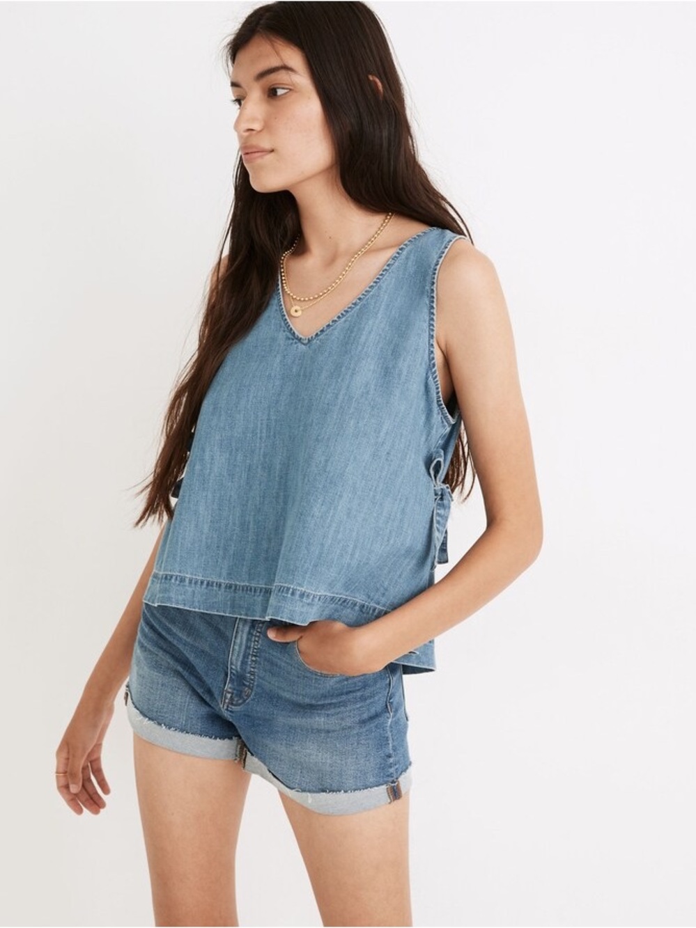 Madewell Denim Side Tie Tank Top Womens XL Blue Cotton Hemp V Neck Chambray